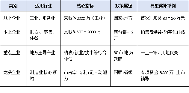 “上規(guī)模”≠“限上”：一篇文章看懂規(guī)上、限上、重點、龍頭四類入庫標準及對應獎補